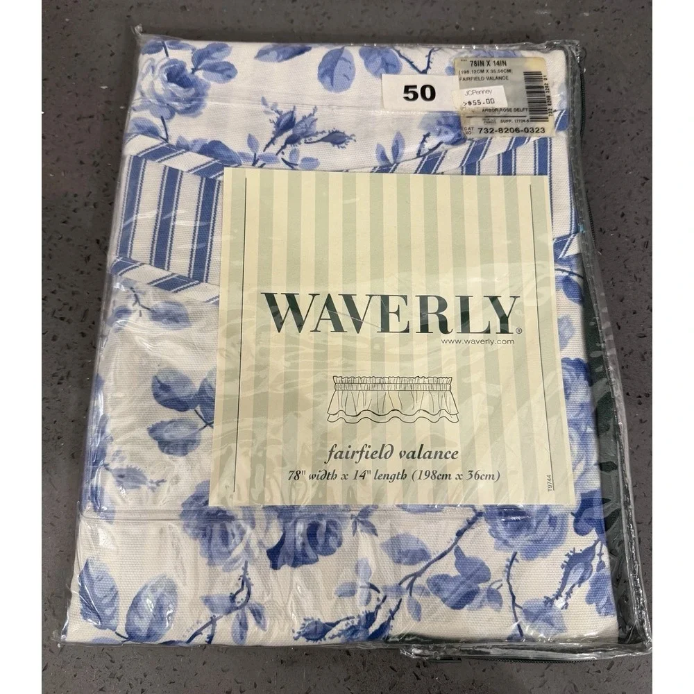 Vtg WAVERLY Fairfield Valance Arbor Rose Delft Blue Floral Stripes 78